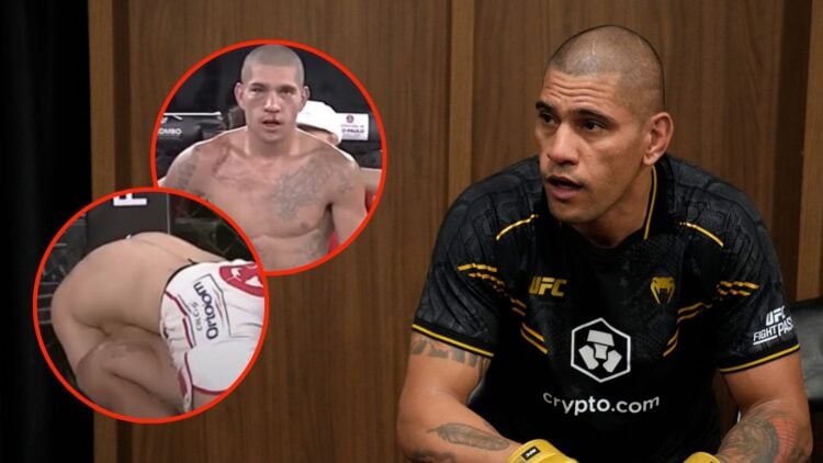 Alex Pereira of Brazil warms up prior to his fight during the UFC 307 event. Inset, two screenshots from the Pereira vs Ottoni fight.
