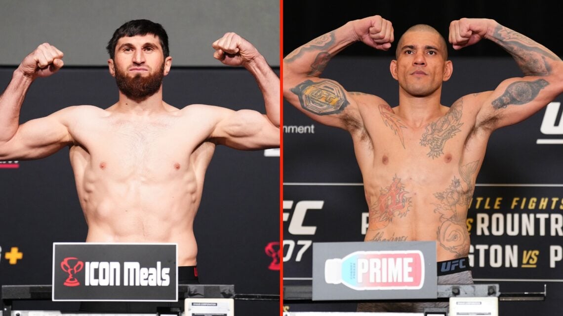 Split of Alex Pereira of Brazil poses on the scale during the UFC 307 official weigh-in at the Hilton Salt Lake City Center on October 04, 2024 in ...