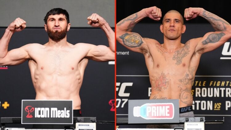 Split of Alex Pereira of Brazil poses on the scale during the UFC 307 official weigh-in at the Hilton Salt Lake City Center on October 04, 2024 in ...