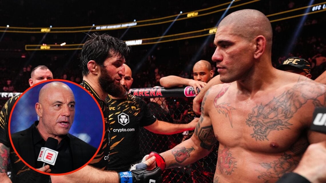Magomed Ankalaev of Russia talks to Alex Pereira of Brazil at the end of the UFC light heavyweight championship fight. Inset, Joe Rogan announces a...