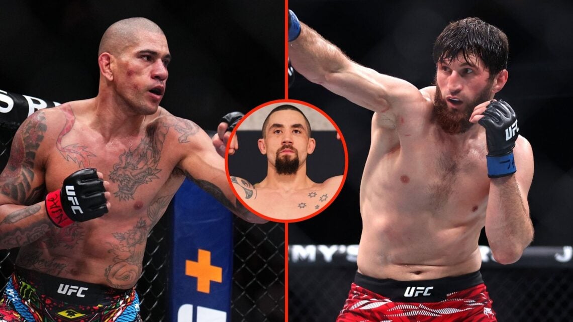 Alex Pereira of Brazil strikes at Magomed Ankalaev of Russia in the UFC light heavyweight championship fight, and Magomed Ankalaev of Russia fights...