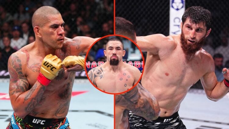 Split image as Alex Pereira of Brazil punches Khalil Rountree Jr. in the UFC light heavyweight championship fight, and Magomed Ankalaev of Russia p...