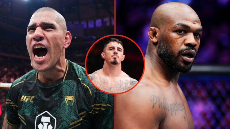 Split image of Alex Pereira of Brazil receiving the light heavyweight belt after defeating Jiri Prochazka of the Czech Republic by TKO in the UFC l...