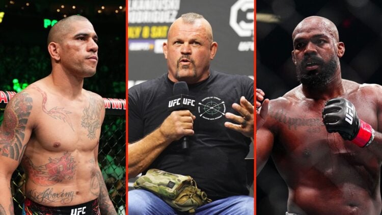 Split image of Alex Pereira preparing to face an opponent, Jon Jones, and Chuck Liddell on stage during a Q&A session.