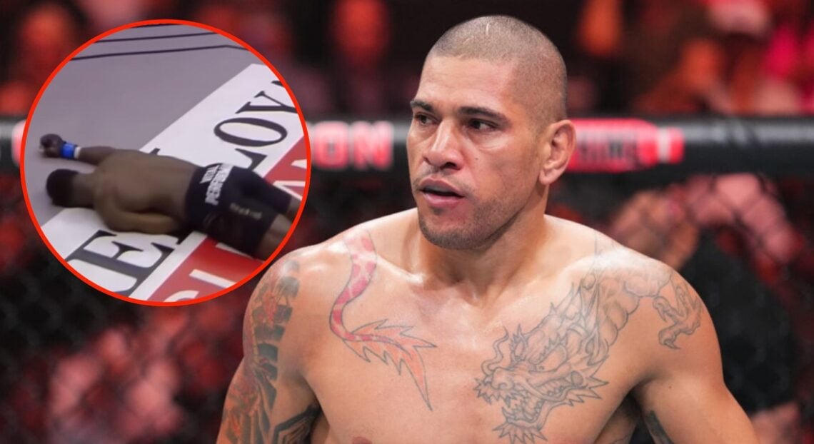Image of Alex Pereira at UFC 291 with an inset of Thomas Powell unconcious after his fight with 'Poatan' in 2020