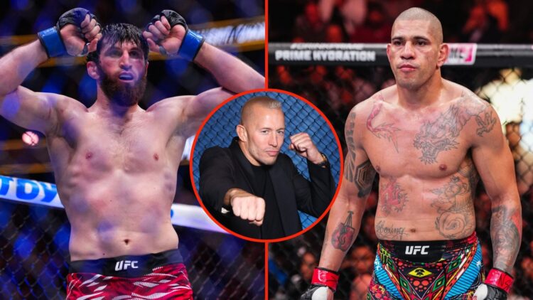 Side by side of Magomed Ankalaev and Alex Pereira, insert Georges St. Pierre.
