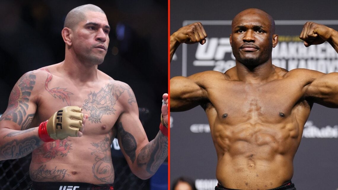 Split image as Alex Pereira of Brazil fights during a light heavyweight championship bout during UFC 303, and Kamaru Usman of Nigeria poses on the ...