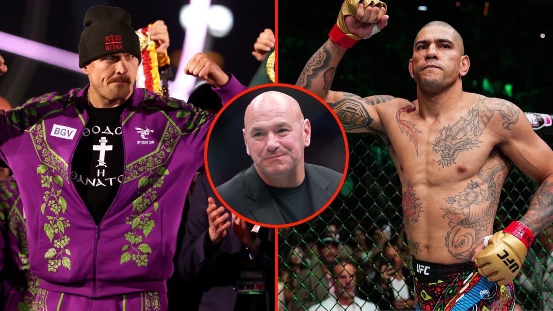 Split image as Alex Pereira of Brazil reacts prior to the UFC light heavyweight championship fight, and Oleksandr Usyk walks in to his weigh in. In...