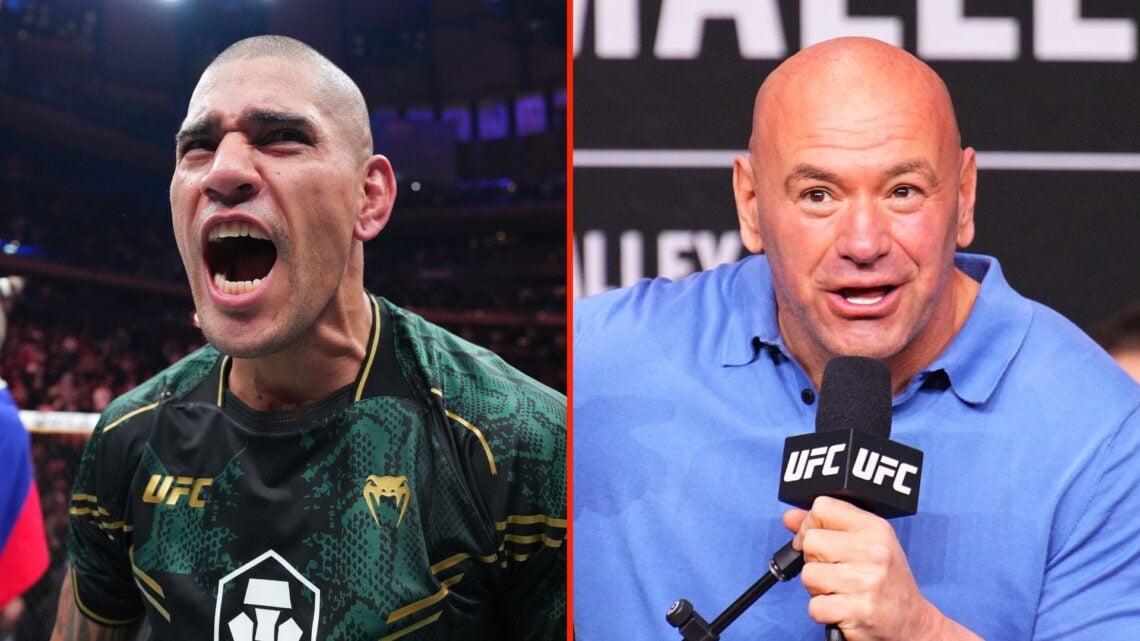 Split image as Alex Pereira of Brazil recieves the light heavyweight belt after defeating Jiri Prochazka of the Czech Republic by TKO, and UFC CEO ...