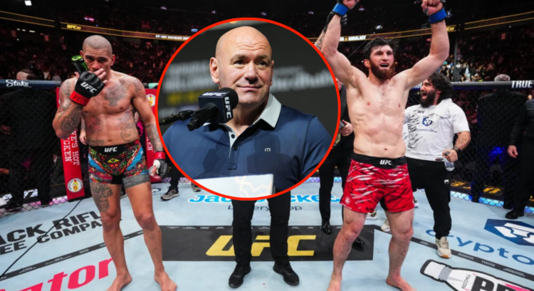 Image of Alex Pereira and Magomed Ankalaev reacting to their UFC 313 fight result with an inset of Dana White