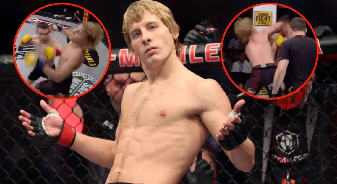 Image of Paddy Pimblett at UFC 282 with two insets from his fight with Stephen Martin in 2014