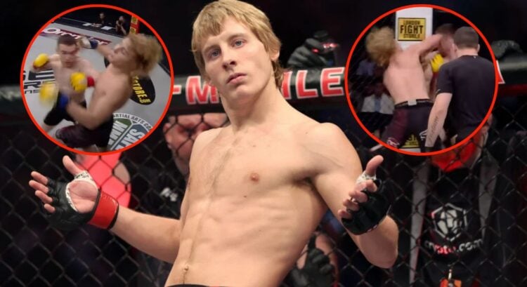 Image of Paddy Pimblett at UFC 282 with two insets from his fight with Stephen Martin in 2014