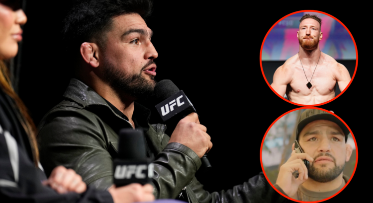 Kelvin Gastelum answers a fan's question during a Q&A, inset Joe Pyfer at the UFC Mexico City ceremonial weigh-in, and Gastelum on the telephone.