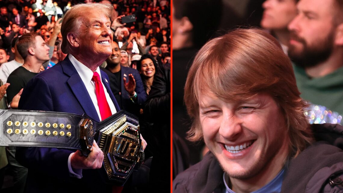 Split image of UFC fighter Paddy Pimblett of England attends UFC 313 at T-Mobile Arena on March 08, 2025 in Las Vegas, Nevada and President-elect D...