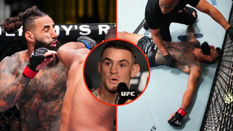 Side by side image of Mario Pinto vs Austen Lane, insert Dustin Poirier.