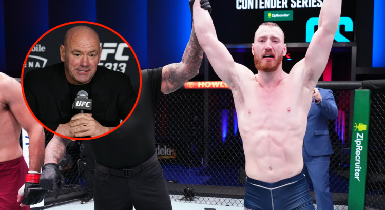 Joe Pyfer gets his hand raised after knocking out Ozzy Diaz on Dana White's Contender Series, inset Dana White at the UFC 313 post-fight press conf...