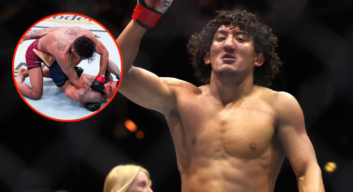 Raul Rosas Jr. reacts after a win at UFC 306, inset Rosas punching Mando Gutierrez on Dana White's Contender Series.