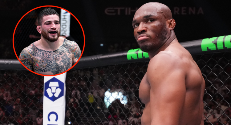 Kamaru Usman looks on as he prepares to fight at UFC 294, inset Sean Brady after submitting Jake Matthews.