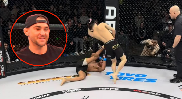 Miguel Sanson gets the big finish at APFC16 with an inset of Dustin Poirier in attendance at APFC16