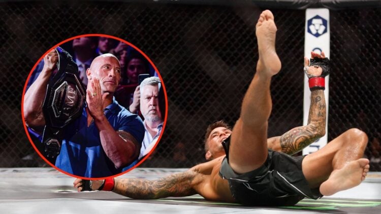 Dustin Poirier (red gloves) fights Justin Gaethje (blue gloves) during UFC 291. Inset, Dwayne "the Rock" Johnson holds the belt for the Welterweigh...