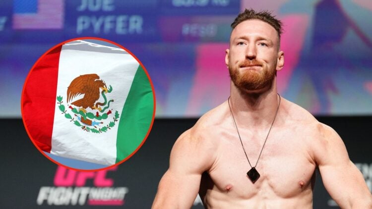 Joe Pyfer poses on the scale during the UFC Fight Night ceremonial weigh-in. Inset, the flag of Mexico.
