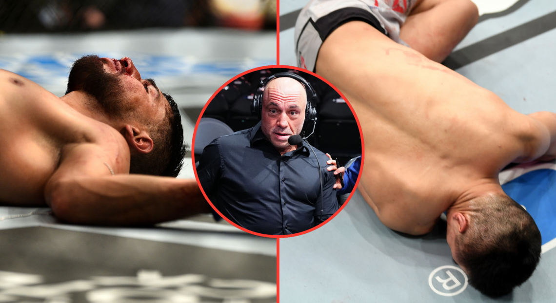 Yair Rodriguez of Mexico lies on the Octagon floor in exhaustion after knocking out Chan Sung Jung of South Korea in their featherweight bout durin...