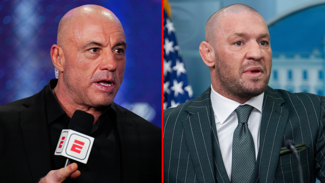 Split image of Joe Rogan announces a fight during the UFC 313 event at T-Mobile Arena and Irish professional mixed martial artist and businessman C...