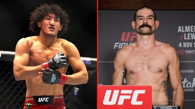 Raul Rosas Jr. of Mexico looks on during his match against Aoriqileng of China, and Vinc Pichel poses on the scale during the UFC Fight Night offic...