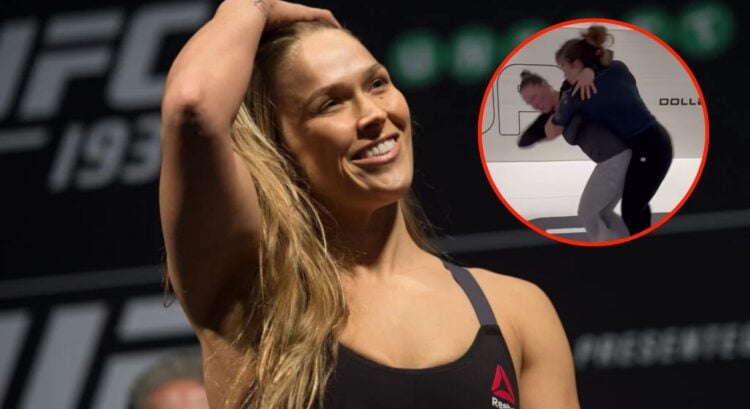 Image of Ronda Rousey at the UFC 193 weigh-in with an inset of her judo throwing a training partner