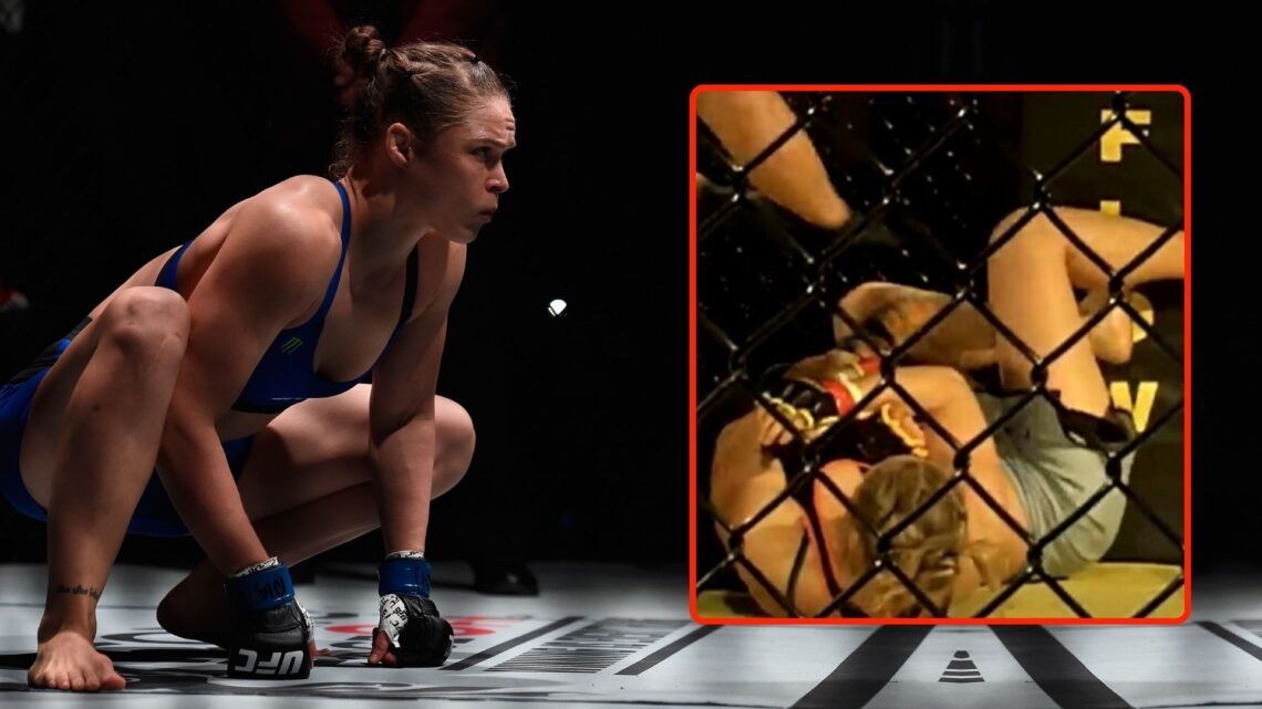 Ronda Rousey prepares to face Amanda Nunes in their UFC bantmaweight championship bout. Inset, a screenshot from Rousey vs Gomes.