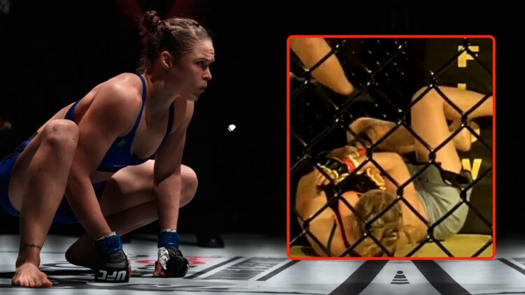 Ronda Rousey prepares to face Amanda Nunes in their UFC bantmaweight championship bout. Inset, a screenshot from Rousey vs Gomes.