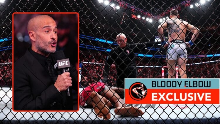 Mauricio Ruffy of Brazil knocks out King Green in a lightweight fight during the UFC 313 event. Inset, Jon Anik announces the fights during the UFC...