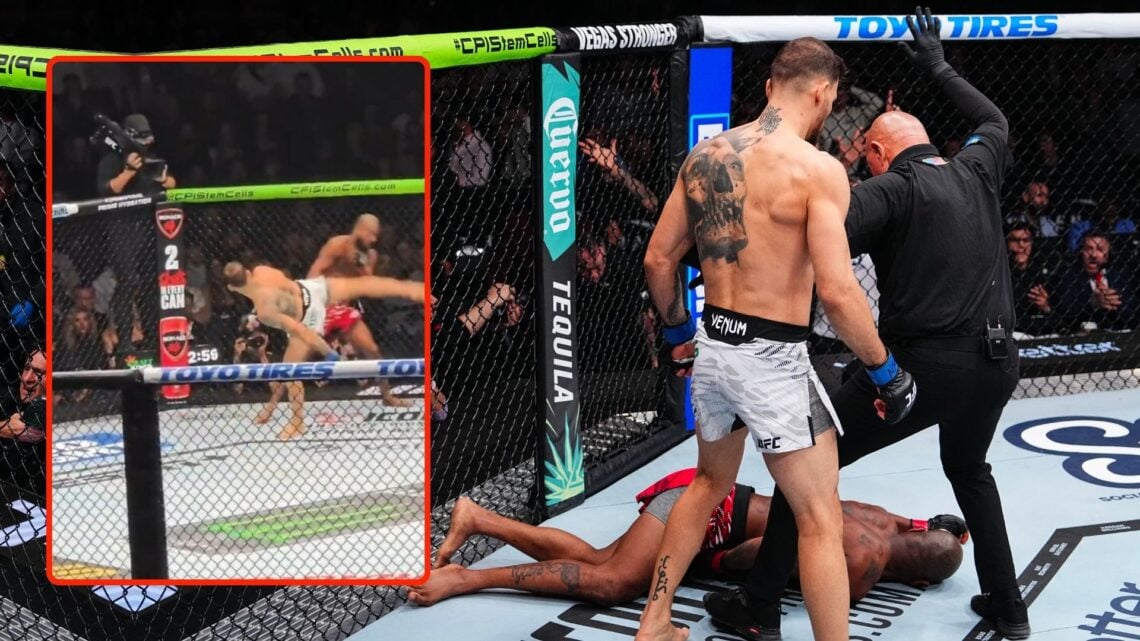 Mauricio Ruffy of Brazil knocks out King Green in a lightweight fight during the UFC 313. Inset, a screenshot of a video from the event, with Ruffy...