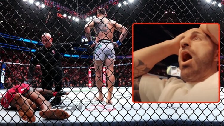 Mauricio Ruffy of Brazil knocks out King Green in a lightweight fight during the UFC 313 event. Inset, Alexander Volkanovski reacts.