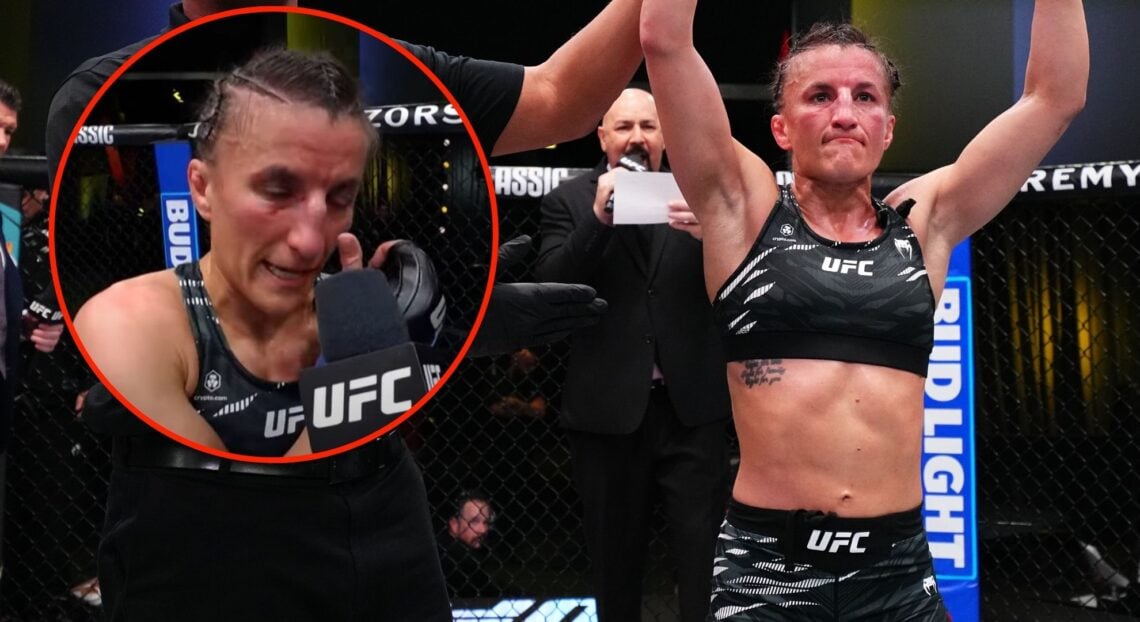 Sam Hughes celebrates her win at UFC 104 with an inset from her emotional post-fight interview