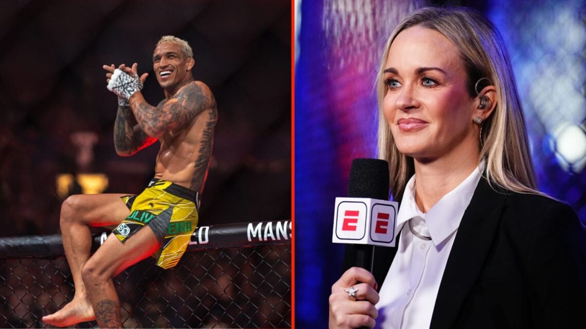 Side by side image of UFC commentator Laura Sanko, and UFC lightweight Charles Oliveira.