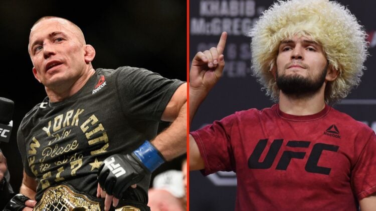 Split image as Georges St-Pierre of Canada accepts his championship belt after defeating Michael Bisping of England, and UFC lightweight champion K...
