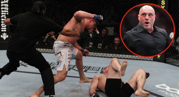 Image of Brendan Schaub vs Mirko Cro Cop. Inset, Joe Rogan