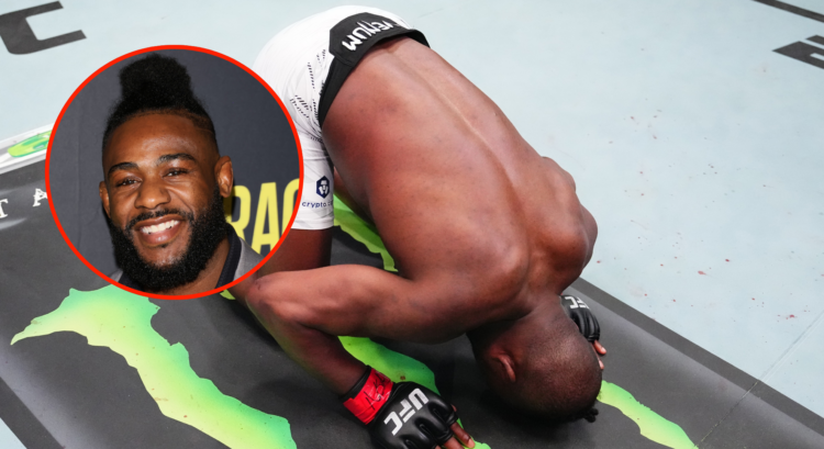 Manel Kape of Angola reacts after a TKO victory against Asu Almabayev of Kazakstan in a flyweight fight during the UFC Fight Night event at UFC APE...