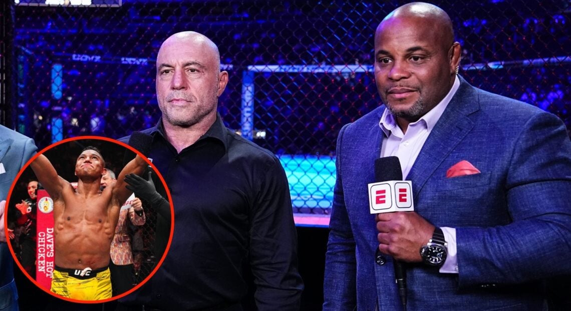 Image of Joe Rogan and Daniel Cormier. Inset, Mairon Santos