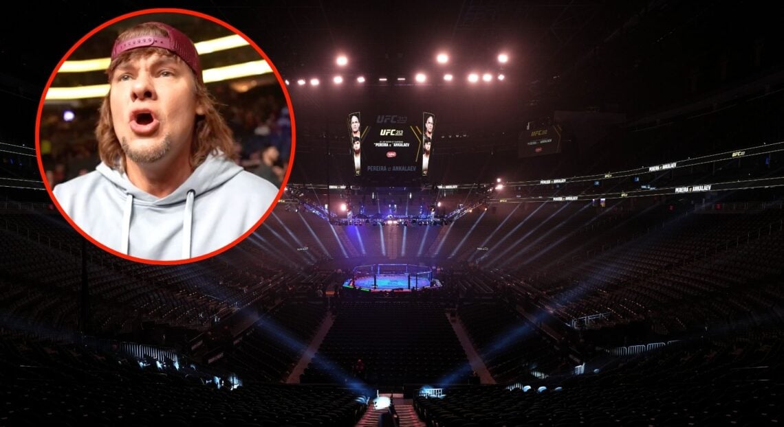 Image of the T-Mobile Arena ahead of UFC 313 with an inset of Theo Von at the event