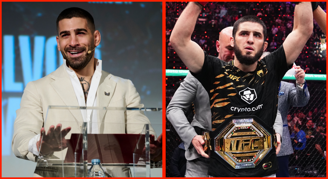 Composite image showing Ilia Topuria speaking at a conference (left) and Islam Makhachev with the UFC belt aftera fight (right)