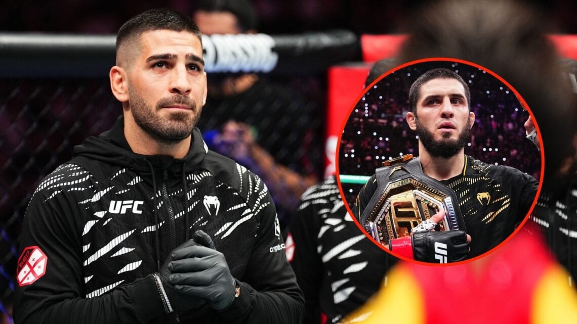 Ilia Topuria looks on in the corner of his brother Aleksandre Topuria of Germany after a bantamweight fight. Inset, Islam Makhachev.
