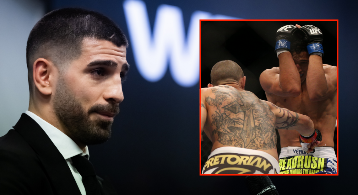 Fighter Ilia Topuria speaks at the press room during the WOW 17 at Madrid Arena with an inset of Cub Swanson punches to the body of Charles Oliveir...