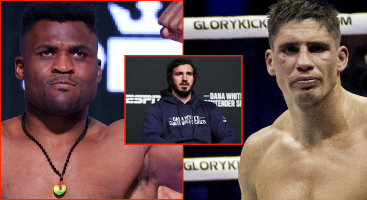 Split image of Francis Ngannou at the Battle of the Giants ceremonial weigh-in, opposite Rico Verhoeven reacting after a Glory win, inset Artem Vak...