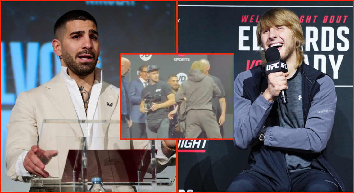 Split image of UFC fighter Ilia Topuria attends WOW 17 Madrid press conference on March 08, 2025 in Madrid, Spain and Paddy Pimblett is seen on sta...