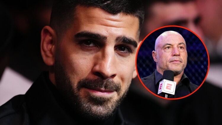 Image of Ilia Topuria is seen in attendance during the UFC Fight Night event at The O2 with an inset of Joe Rogan