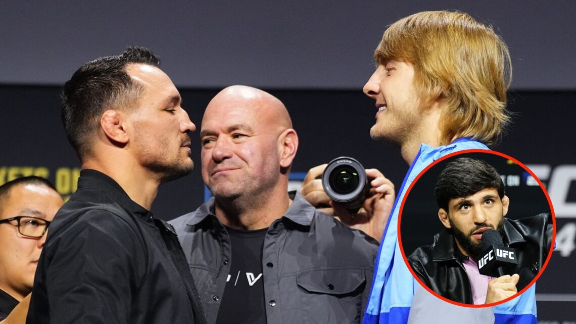 Opponents Michael Chandler and Paddy Pimblett during the UFC 314 press conference. Inset, Arman Tsarukyan of Georgia is seen on stage during the UF...