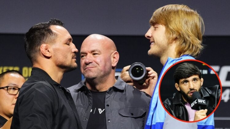 Opponents Michael Chandler and Paddy Pimblett during the UFC 314 press conference. Inset, Arman Tsarukyan of Georgia is seen on stage during the UF...