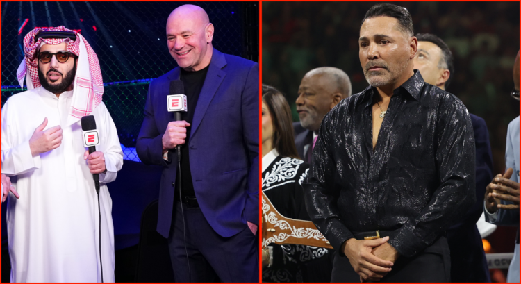 Composite image showing Turki Alalshikh with Dana White (left) and Oscar De La Hoya (right)
